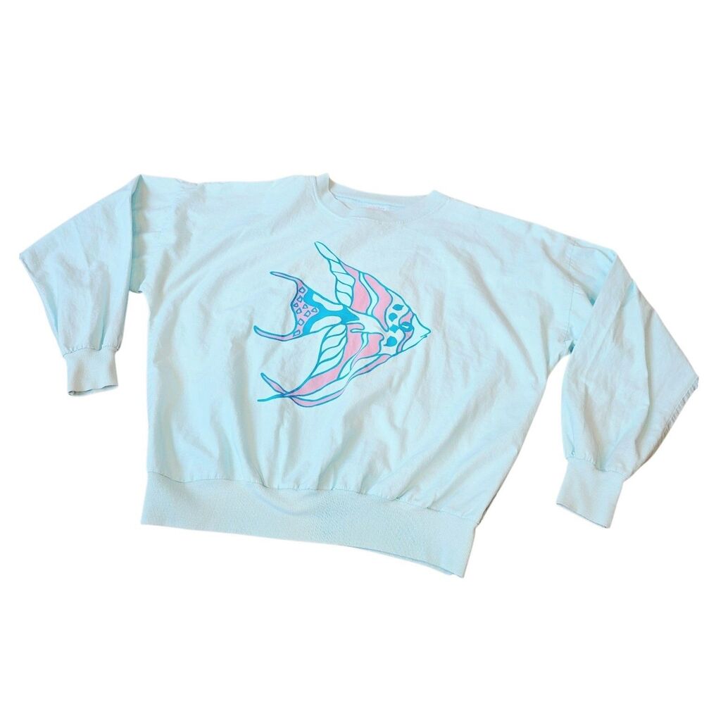 Quitman USA Sz S Vintage 80's Mint Green Angelfish Graphic L/S Beach Retro Shirt